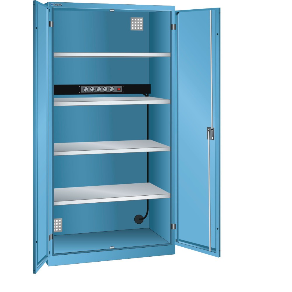 Armoire à casiers LISTA avec prises électriques, (lxPxH) 1 000x580x1 950 mm, 1 bloc multiprises sur paroi arrière, bleu clair