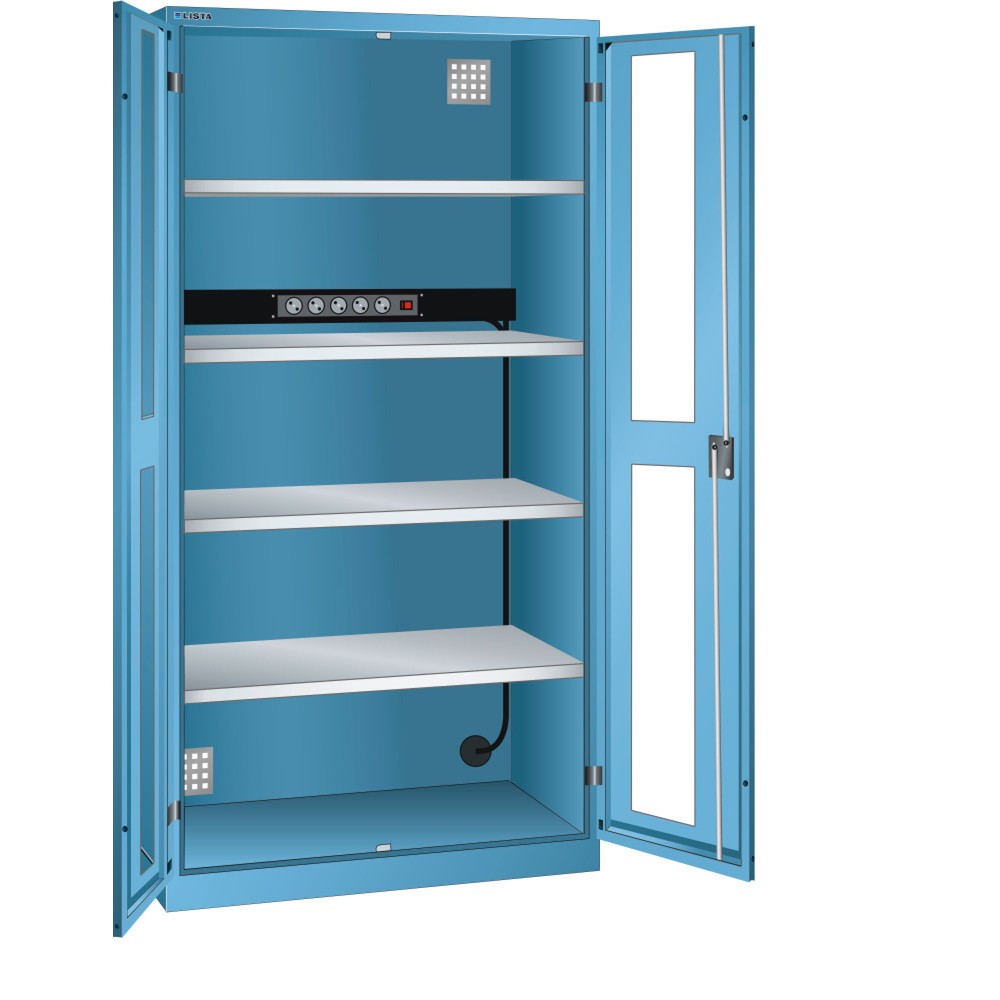 Armoire à casiers LISTA avec prises électriques, (lxPxH) 1 000x580x1 950 mm, 1 bloc multiprises sur paroi arrière, vitres transparentes, bleu clair