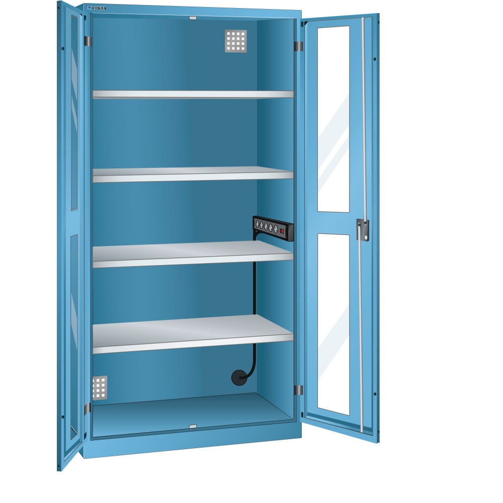 Armoire à casiers LISTA avec prises électriques, (lxPxH) 1 000x580x1 950 mm, 1 bloc multiprises sur paroi latérale, vitres transparentes, bleu clair