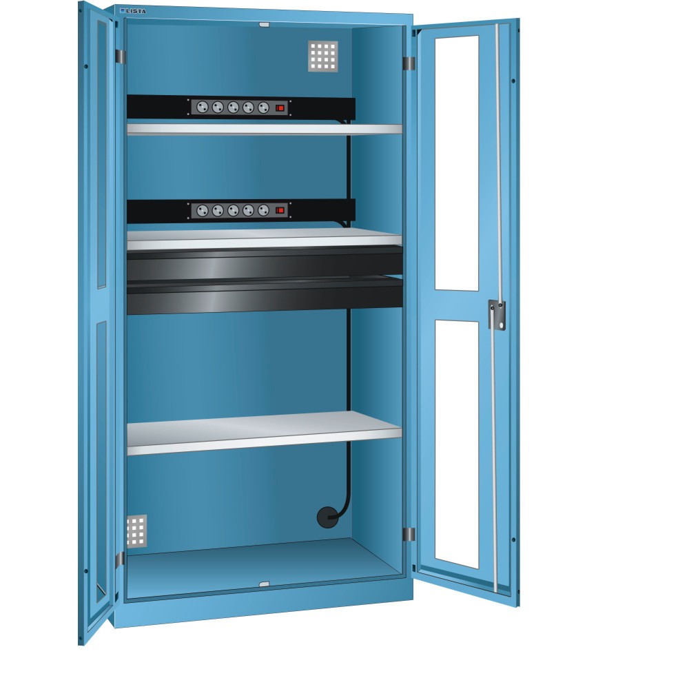 Armoire à casiers LISTA avec prises électriques, (lxPxH) 1 000x580x1 950 mm, 2 blocs multiprises, 2 tiroirs, bleu clair