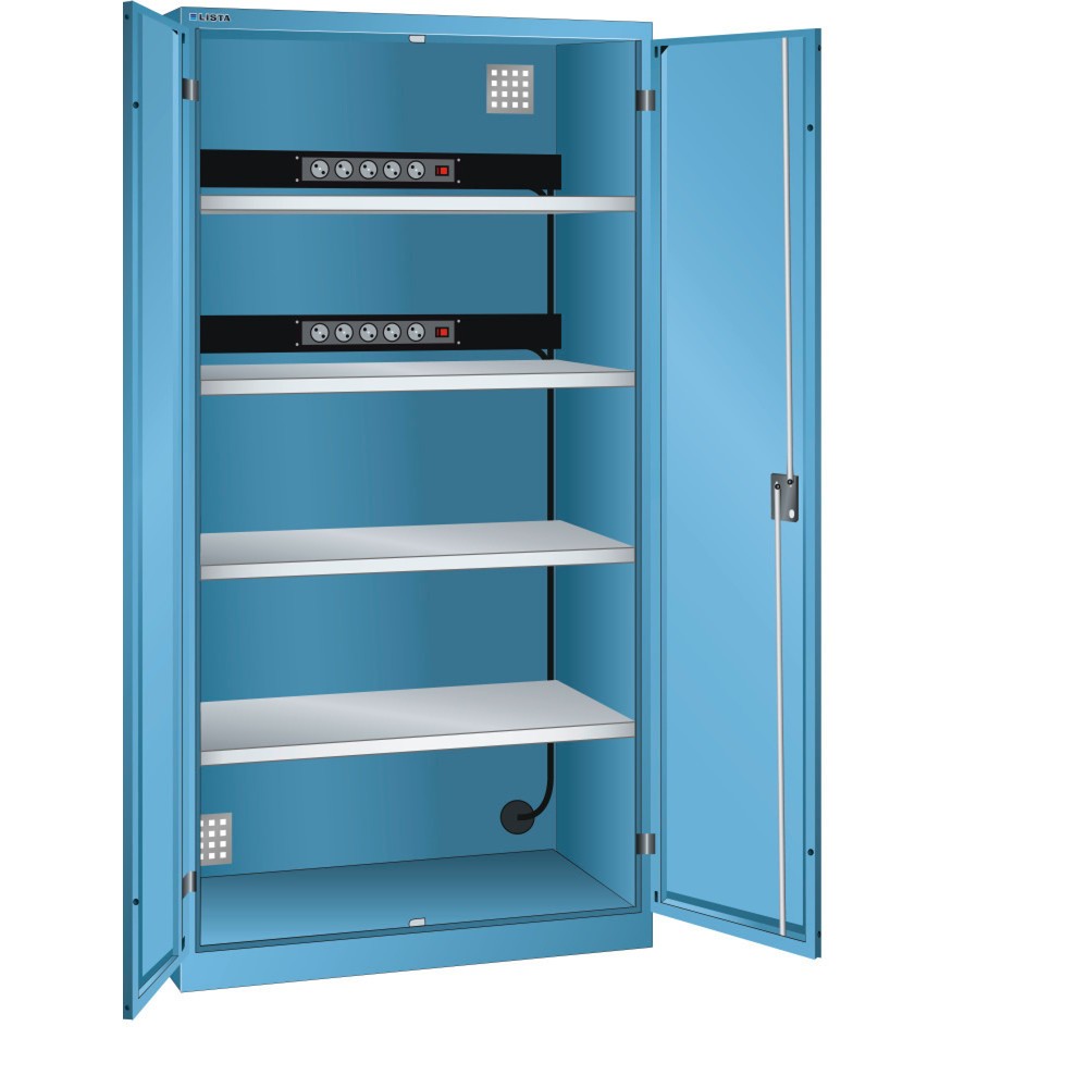 Armoire à casiers LISTA avec prises électriques, (lxPxH) 1 000x580x1 950 mm, 2 blocs multiprises sur paroi arrière, bleu clair