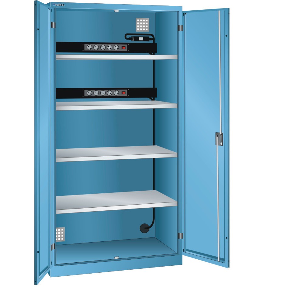 Armoire à casiers LISTA avec prises électriques, (lxPxH) 1 000x580x1 950 mm, 2 blocs multiprises sur paroi arrière, FI/LS, bleu clair