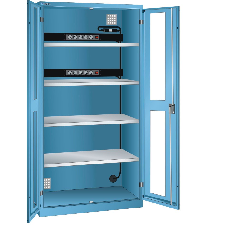 Armoire à casiers LISTA avec prises électriques, (lxPxH) 1 000x580x1 950 mm, 2 blocs multiprises sur paroi arrière, FI/LS, bleu clair