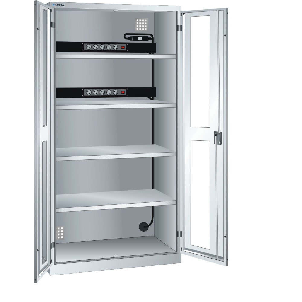 Armoire à casiers LISTA avec prises électriques, (lxPxH) 1 000x580x1 950 mm, 2 blocs multiprises sur paroi arrière, FI/LS, gris clair