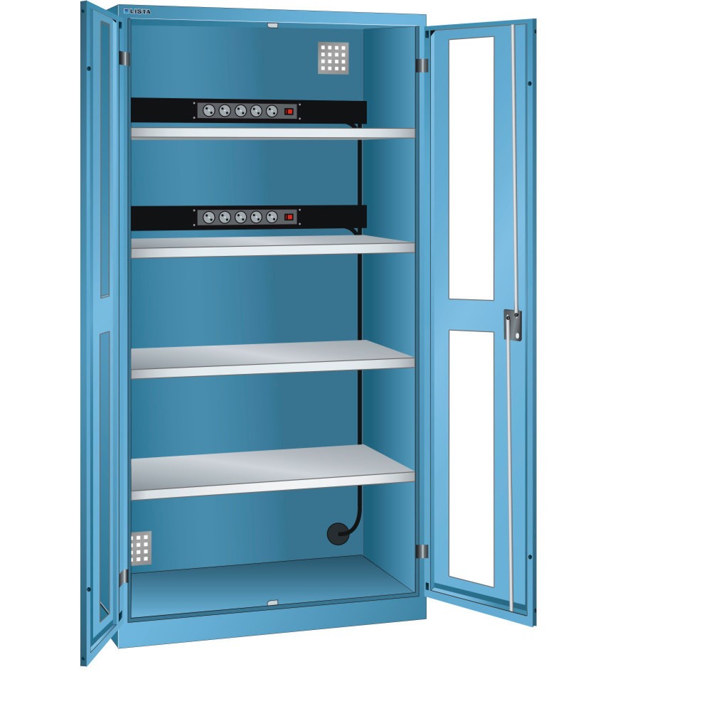 Armoire à casiers LISTA avec prises électriques, (lxPxH) 1 000x580x1 950 mm, 2 blocs multiprises sur paroi arrière, vitres transparentes, bleu clair