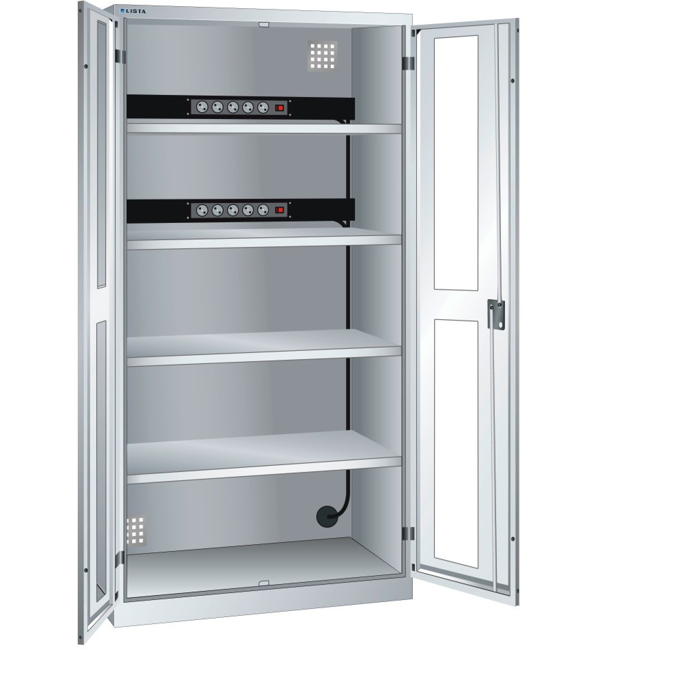 Armoire à casiers LISTA avec prises électriques, (lxPxH) 1 000x580x1 950 mm, 2 blocs multiprises sur paroi arrière, vitres transparentes, gris clair