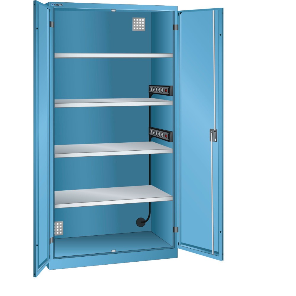 Armoire à casiers LISTA avec prises électriques, (lxPxH) 1 000x580x1 950 mm, 2 blocs multiprises sur paroi latérale, bleu clair