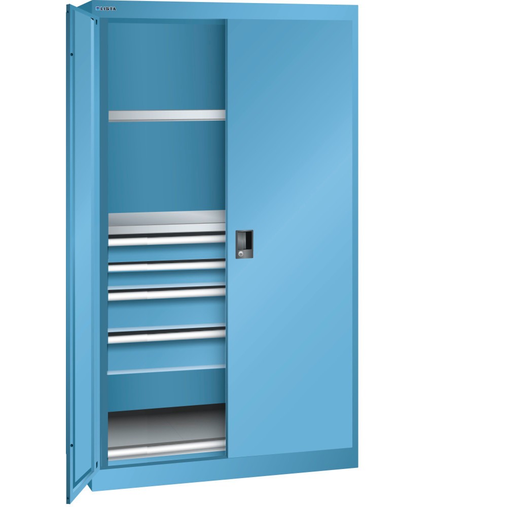 Armoire à charge lourde LISTA 54x27E, (lxPxH) 1 100x641x1 950 mm, 1 étagère coulissante, 4 tiroirs, bleu clair, CODE Lock