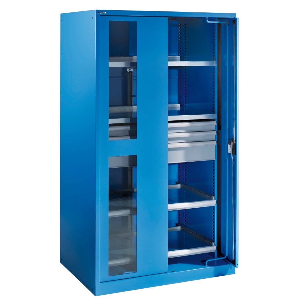 Armoire à charge lourde LISTA 54x27E, (lxPxH) 1 146x690x1 950 mm, portes rétractables, 3 tiroirs, bleu clair, CODE Lock