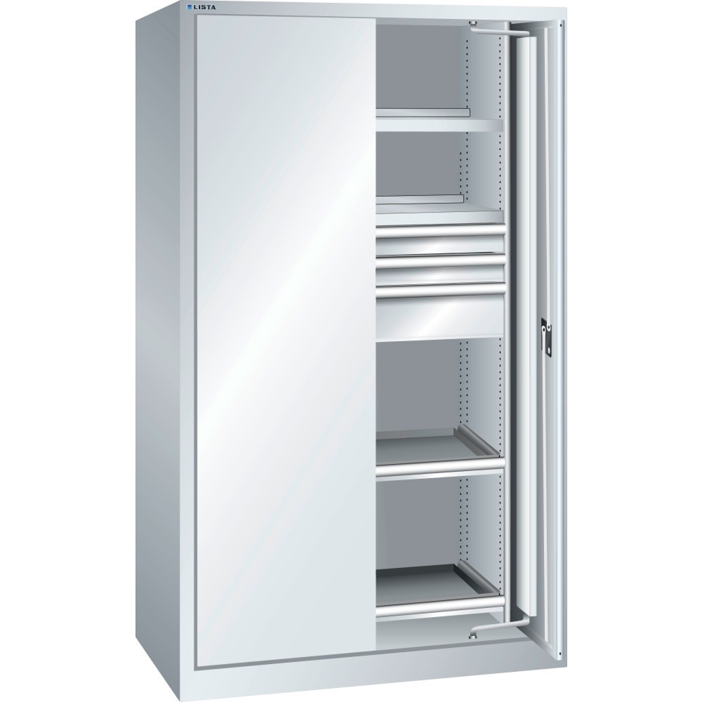 Armoire à charge lourde LISTA 54x27E, (lxPxH) 1 146x690x1 950 mm, portes rétractables, 3 tiroirs, gris clair, CODE Lock