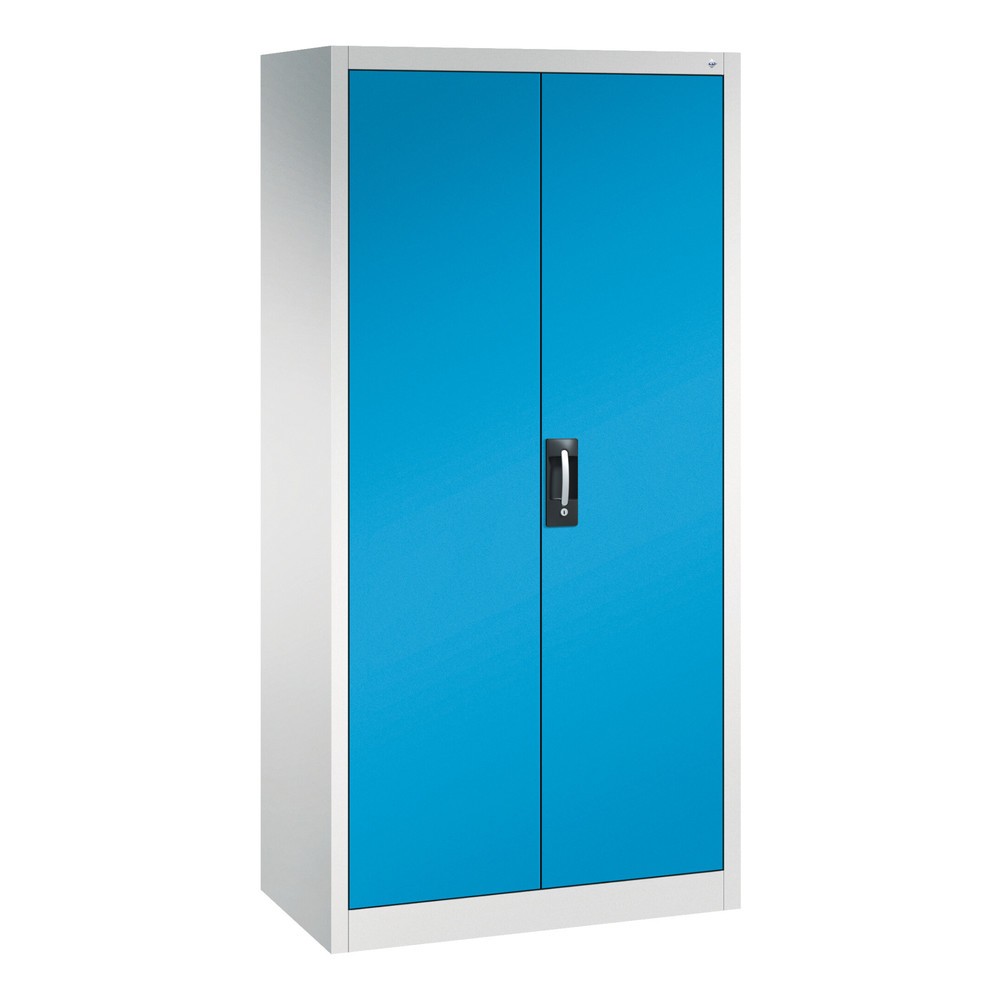 Armoire à outils C+P, tiroirs 16 x 86 mm, 4 tablettes + compartiment pour objets de valeur, largeur 930 mm, gris clair, bleu clair