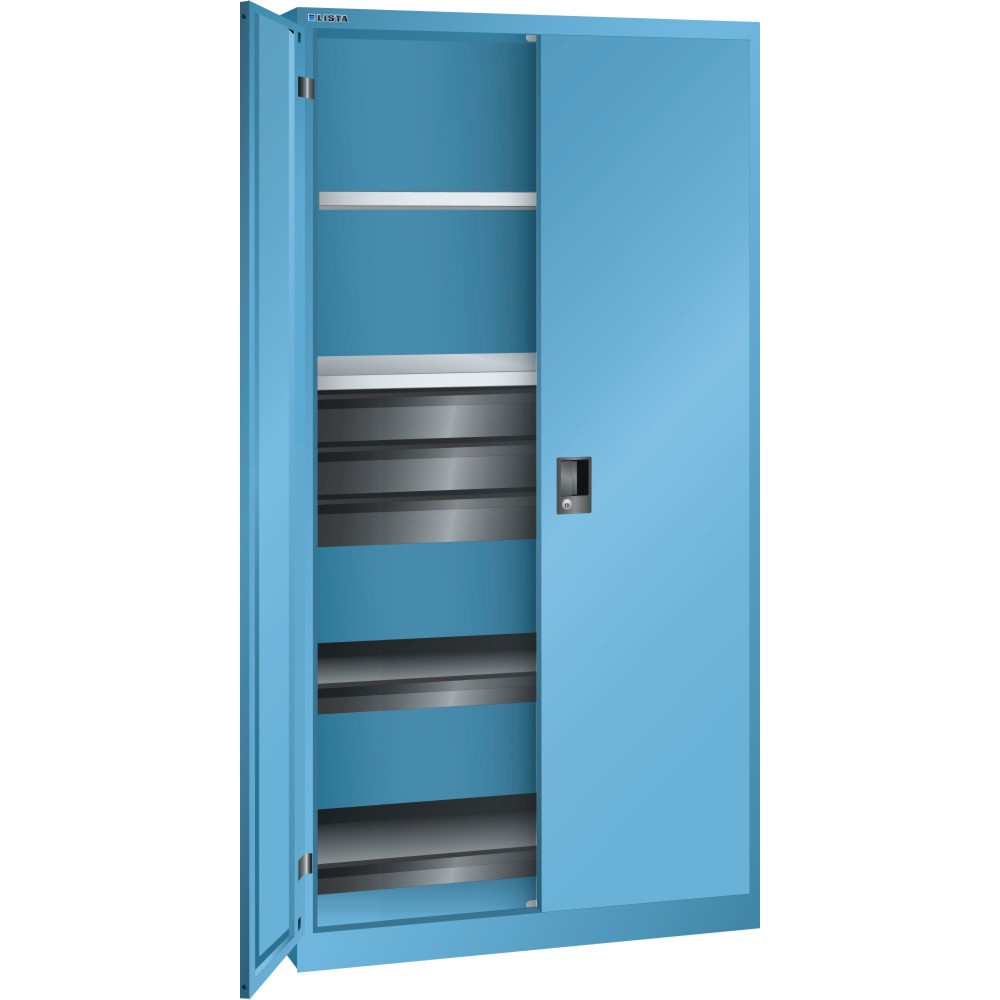 Armoire à outils LISTA, (lxPxH) 1 000x580x1 950 mm, 2 étagères coulissantes, 3 tiroirs, bleu clair, CODE Lock