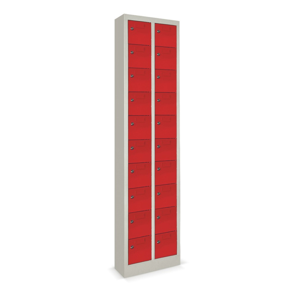 Armoire à petits compartiments PAVOY, 20 compartiments, H x l x P 1 950 x 460 x 200 mm, avec porte-étiquettes, rouge feu, gris clair