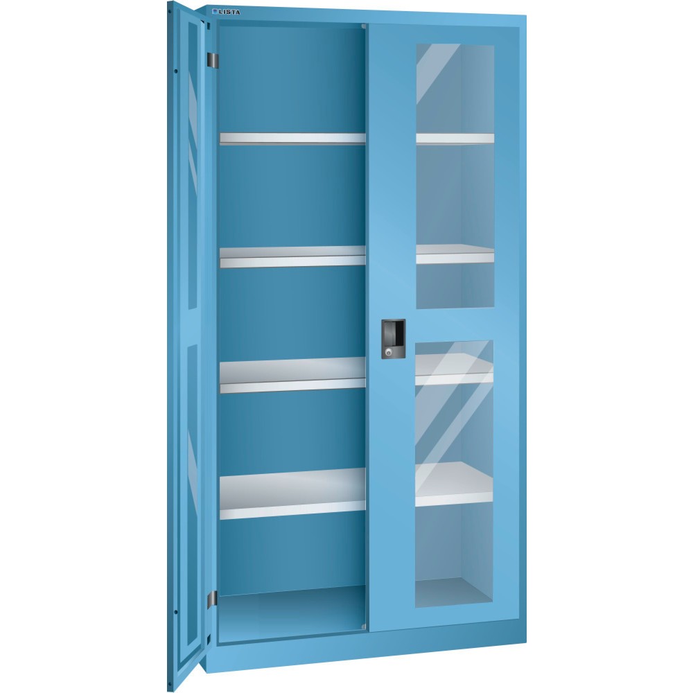 Armoire à portes battantes LISTA avec vitres transparentes, (lxPxH) 1 000x580x1 950 mm, 4 étagères réglables, bleu clair, KEY Lock