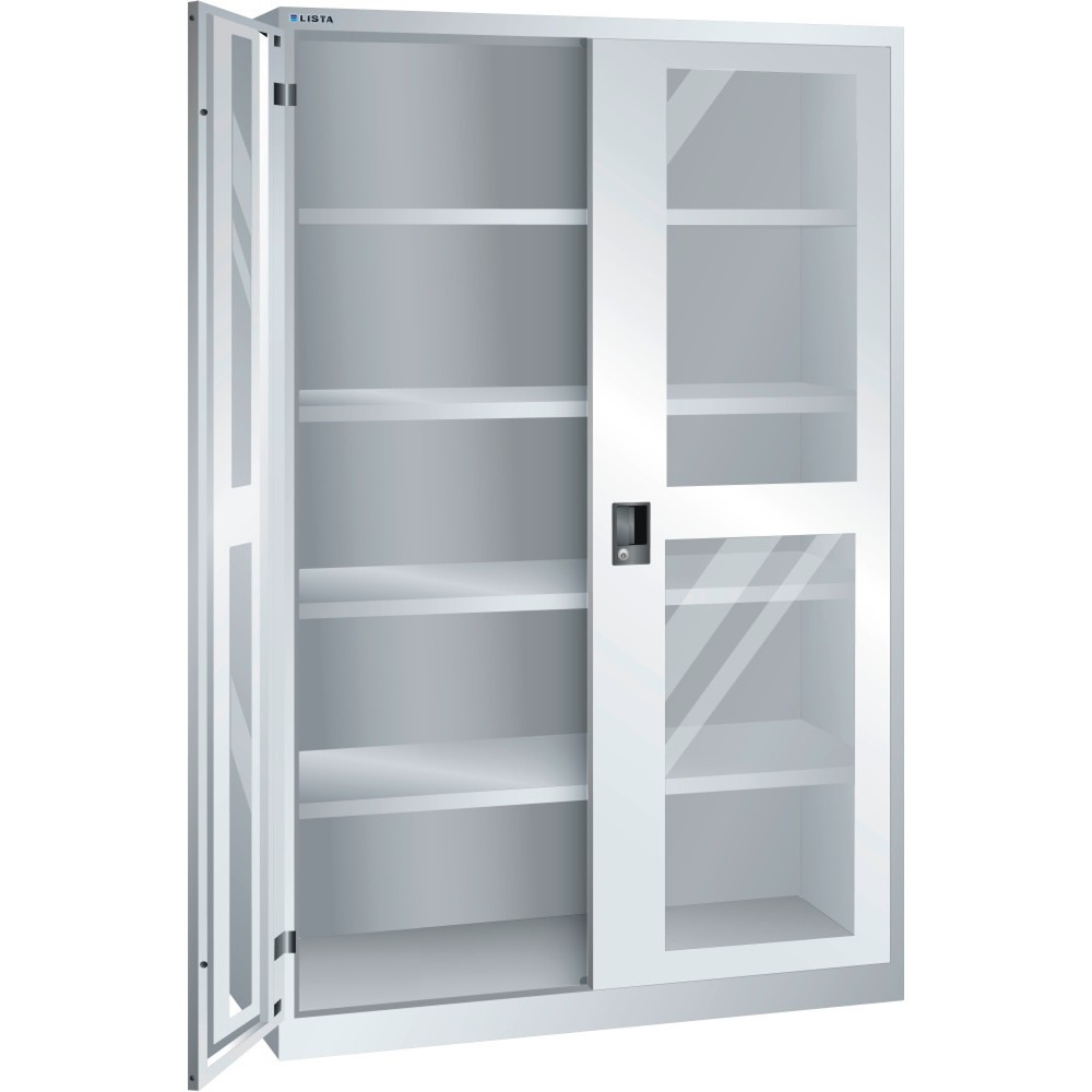 Armoire à portes battantes LISTA avec vitres transparentes, (lxPxH) 1 250x400x1 950 mm, 4 étagères réglables, gris clair, CODE Lock