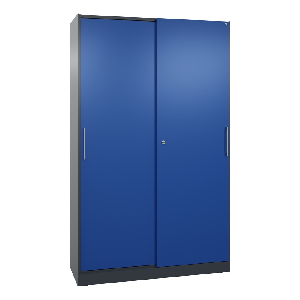 Armoire à portes coulissantes C+P Asisto, 5 hauteurs de classeur, largeur 1 200 mm, gris anthracite, bleu gentiane