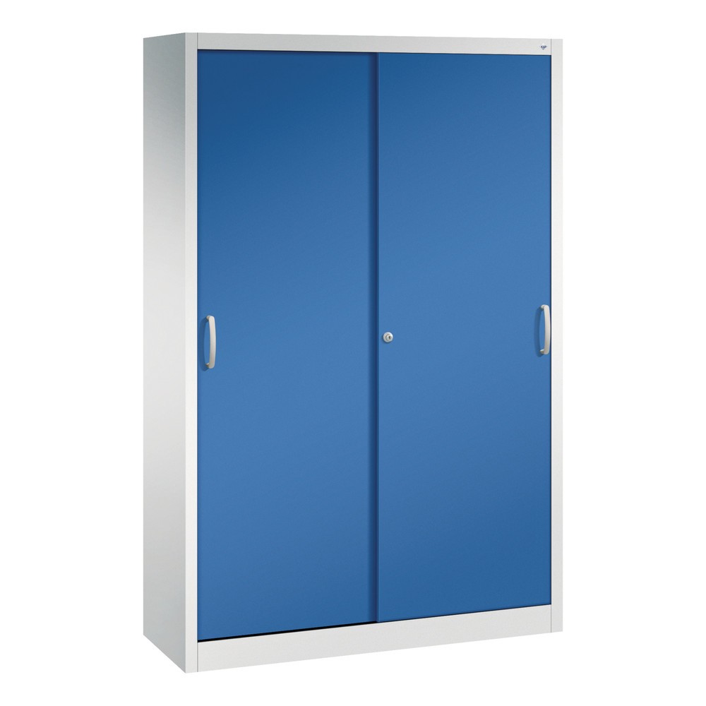 Armoire à portes coulissantes d’atelier C+P avec 4 tablettes, H x l x P 1 950 x 1 200 x 400 mm, gris clair, bleu gentiane