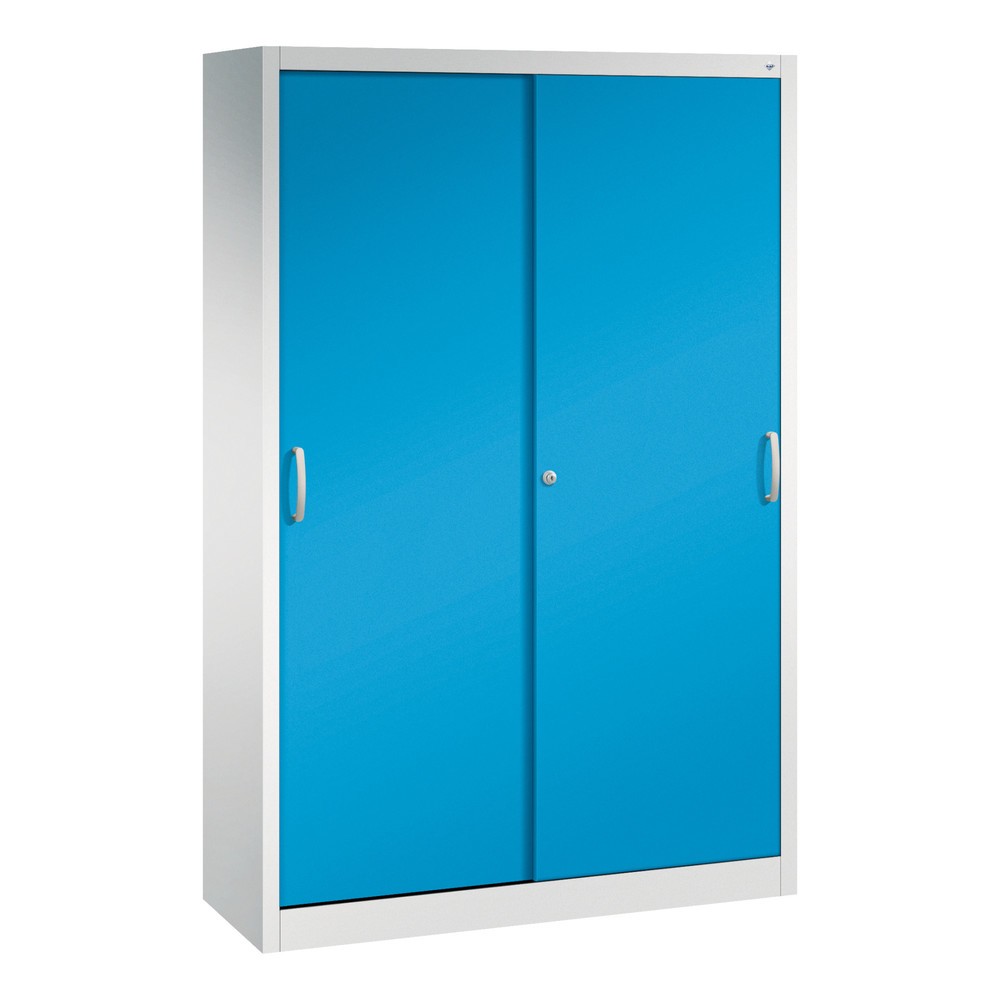 Armoire à portes coulissantes d’atelier C+P avec 4 tablettes, H x l x P 1 950 x 1 200 x 400 mm, gris clair, bleu clair