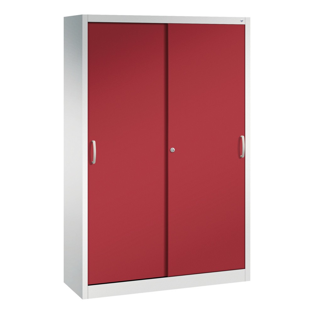 Armoire à portes coulissantes d’atelier C+P avec 4 tablettes, H x l x P 1 950 x 1 200 x 400 mm, gris clair, rouge rubis