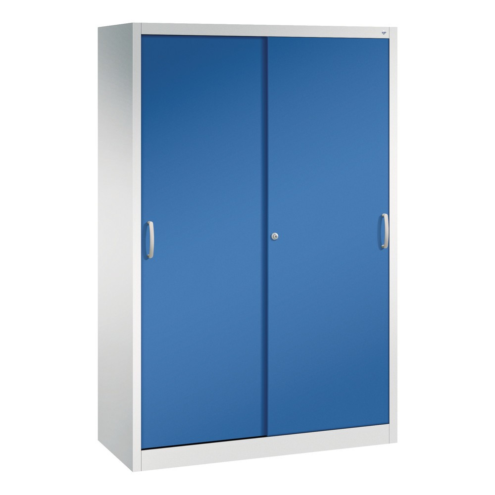 Armoire à portes coulissantes d’atelier C+P avec 4 tablettes, H x l x P 1 950 x 1 200 x 500 mm, gris clair, bleu gentiane