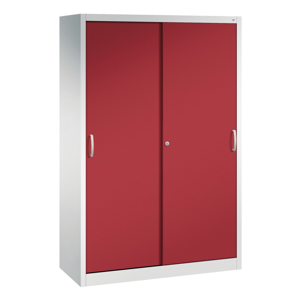 Armoire à portes coulissantes d’atelier C+P avec 4 tablettes, H x l x P 1 950 x 1 200 x 500 mm, gris clair, rouge rubis