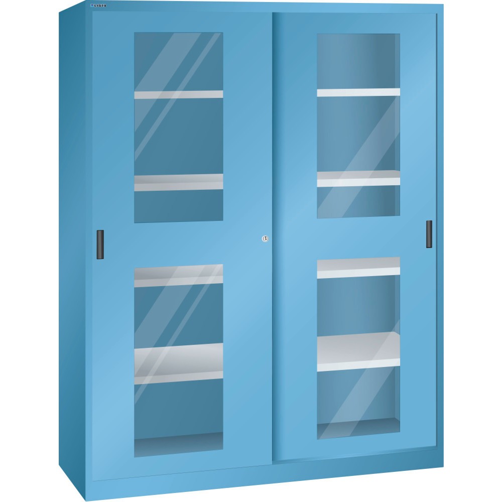 Armoire à portes coulissantes LISTA, (lxPxH) 1 500x400x1 950 mm, 8 étagères réglables, vitres transparentes, profondeur 400 mm, bleu clair