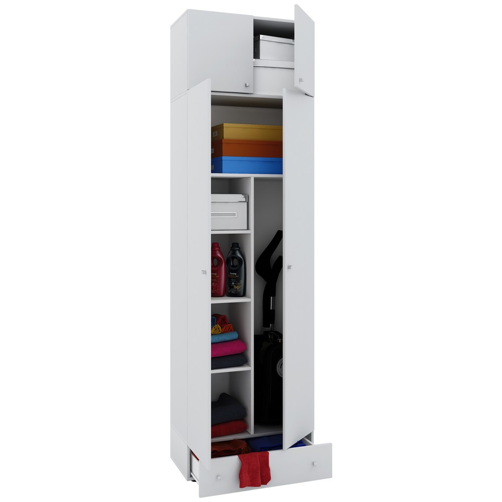 Armoire à produits d’entretien Vandol II, avec portes, surmeuble et tiroir, blanc