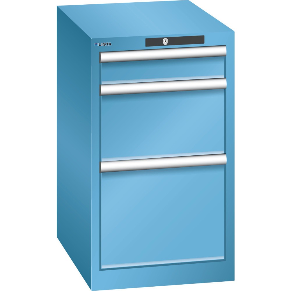 Armoire à tiroirs LISTA 18x27E, (lxPxH) 411x572x700 mm, 3 tiroirs, 1 x 100 / 1 x 200 / 1 x 300, bleu clair, KEY Lock