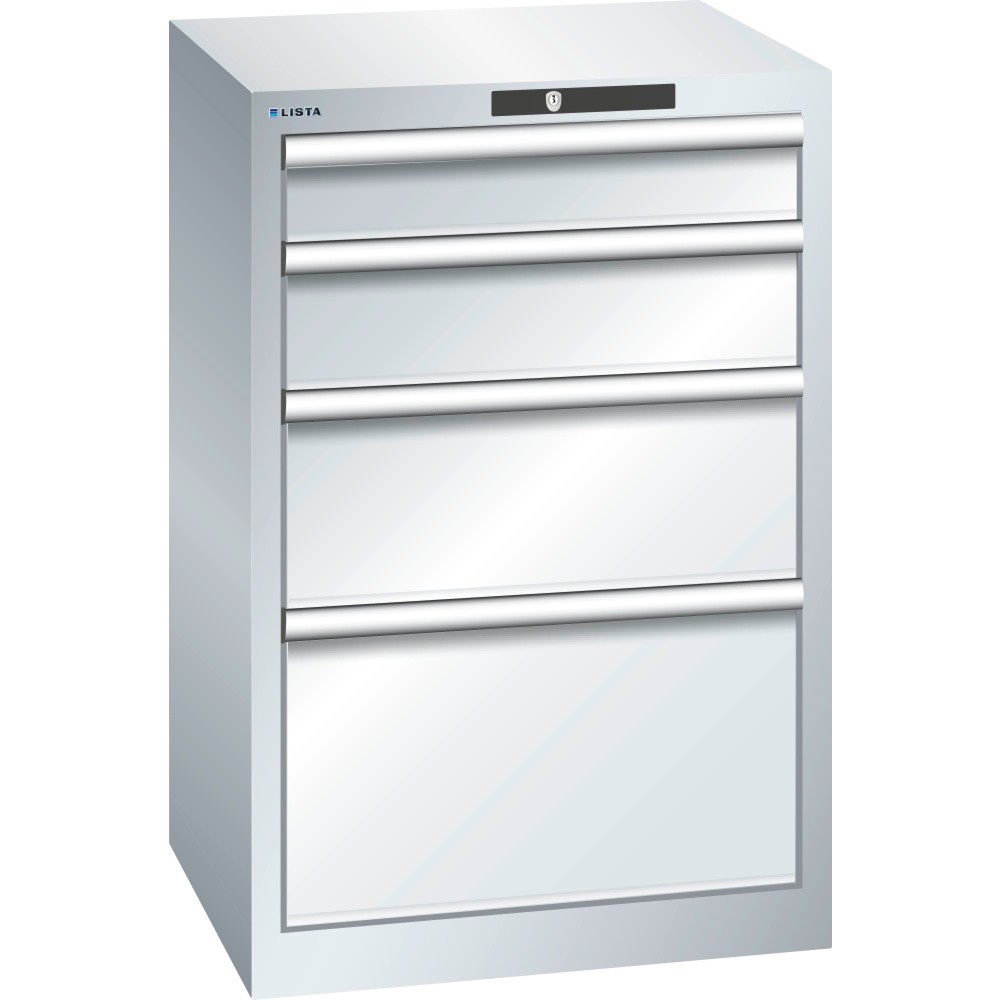 Armoire à tiroirs LISTA 27x27E, (lxPxH) 564x572x850 mm, 4 tiroirs, hauteurs de façade 100-300 mm, gris clair, KEY Lock