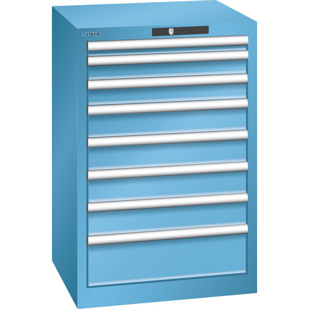 Armoire à tiroirs LISTA 27x27E, (lxPxH) 564x572x850 mm, 8 tiroirs, hauteurs de façade 50-150 mm, bleu clair, CODE Lock