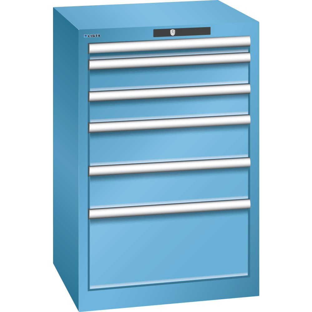 Armoire à tiroirs LISTA 27x27E, (lxPxH) 564x572x850 mm, 6 tiroirs, hauteurs de façade 50-200 mm, bleu clair, KEY Lock