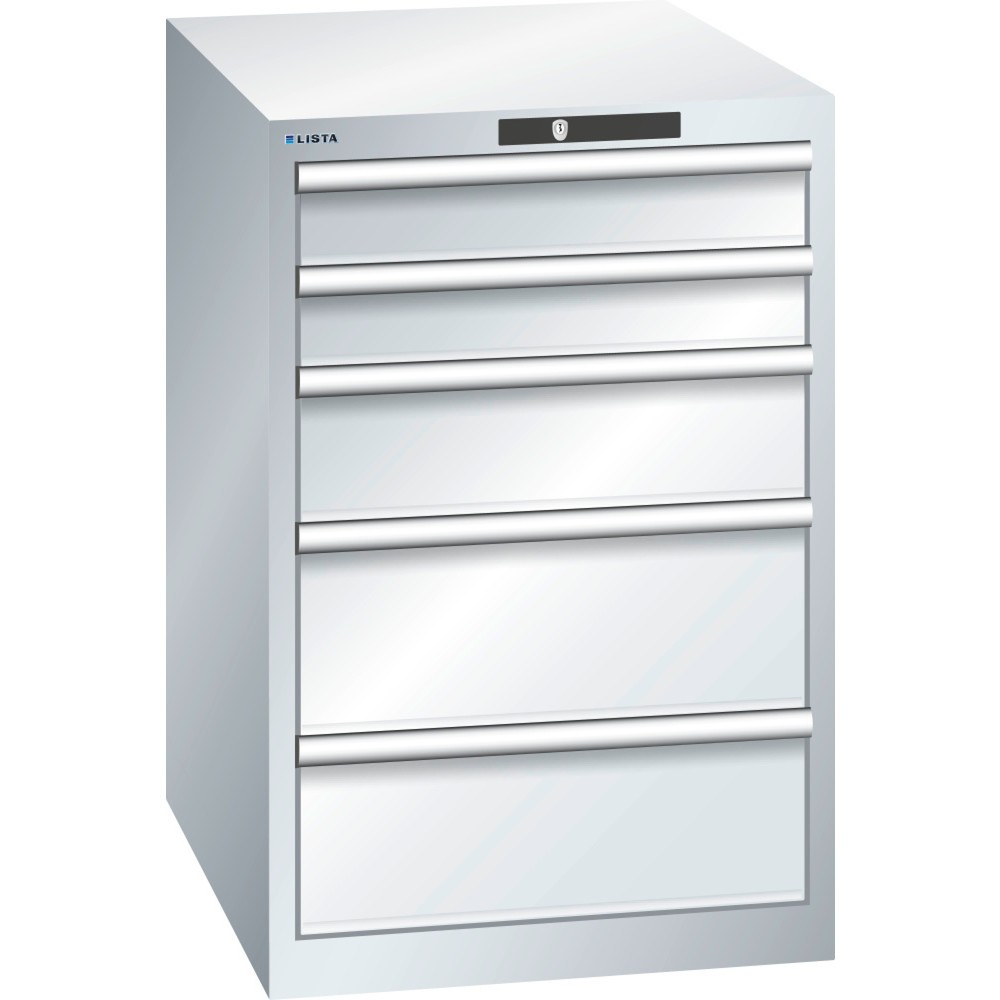 Armoire à tiroirs LISTA 27x36E, (lxPxH) 564x725x850 mm, 5 tiroirs, 2 x 100 / 1 x 150 / 2 x 200, gris clair, KEY Lock