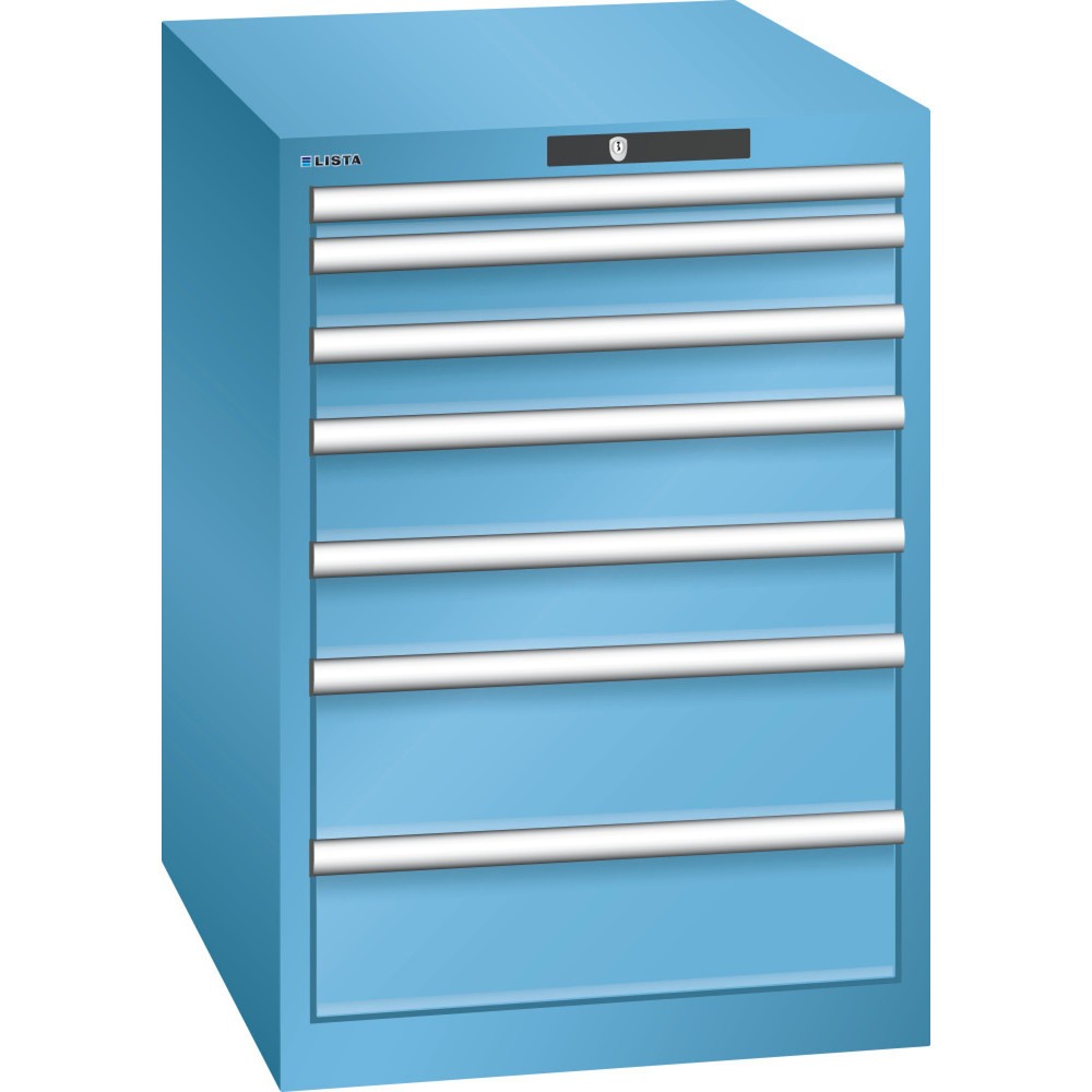 Armoire à tiroirs LISTA 27x36E, (lxPxH) 564x725x800 mm, 7 tiroirs, hauteurs de façade 50-150 mm, bleu clair, KEY Lock