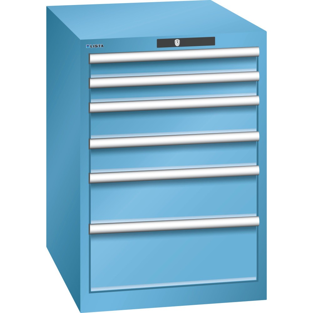 Armoire à tiroirs LISTA 27x36E, (lxPxH) 564x725x800 mm, 6 tiroirs, hauteurs de façade 75-200 mm, bleu clair, KEY Lock