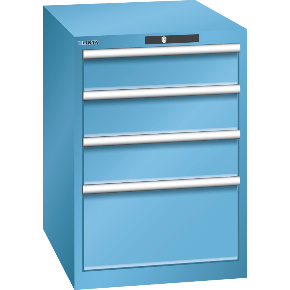 Armoire à tiroirs LISTA 27x36E, (lxPxH) 564x725x850 mm, 4 tiroirs, 3 x 150 / 1 x 300, bleu clair, KEY Lock