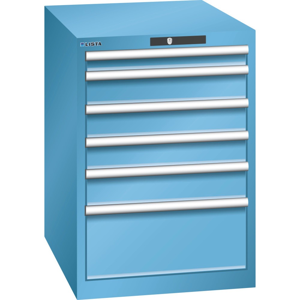 Armoire à tiroirs LISTA 27x36E, (lxPxH) 564x725x850 mm, 6 tiroirs, hauteurs de façade 75-250 mm, bleu clair, CODE Lock