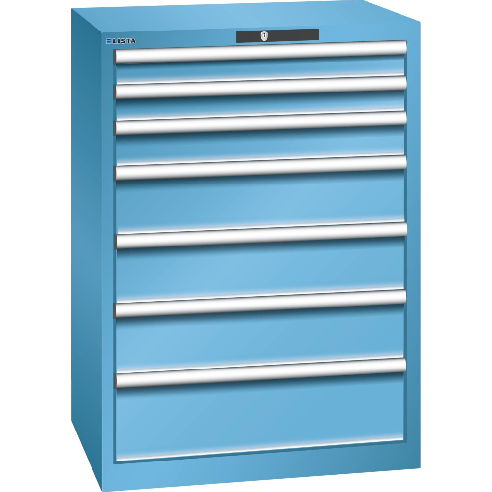 Armoire à tiroirs LISTA 36x27E, (lxPxH) 717x572x1 000 mm, 7 tiroirs, hauteurs de façade 75-200 mm, bleu clair, KEY Lock