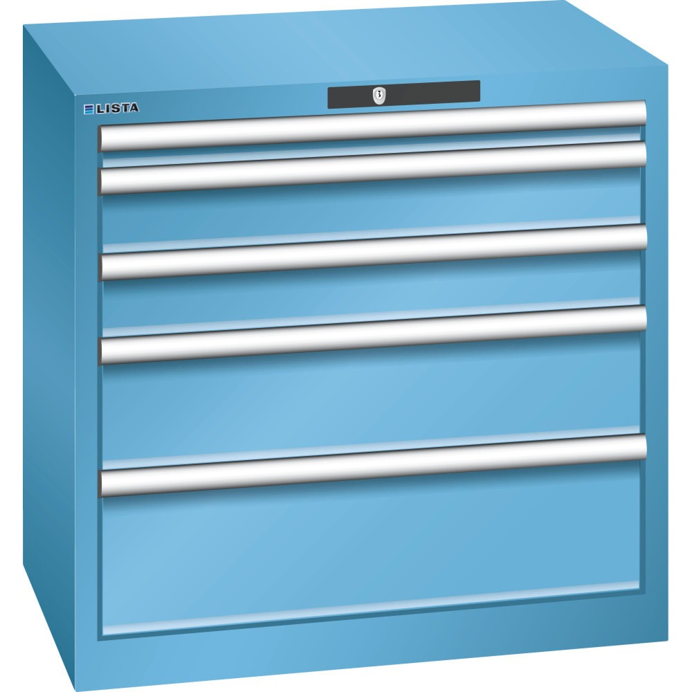 Armoire à tiroirs LISTA 36x27E, (lxPxH) 717x572x700 mm, 5 tiroirs, hauteurs de façade 50-200 mm, bleu clair, KEY Lock