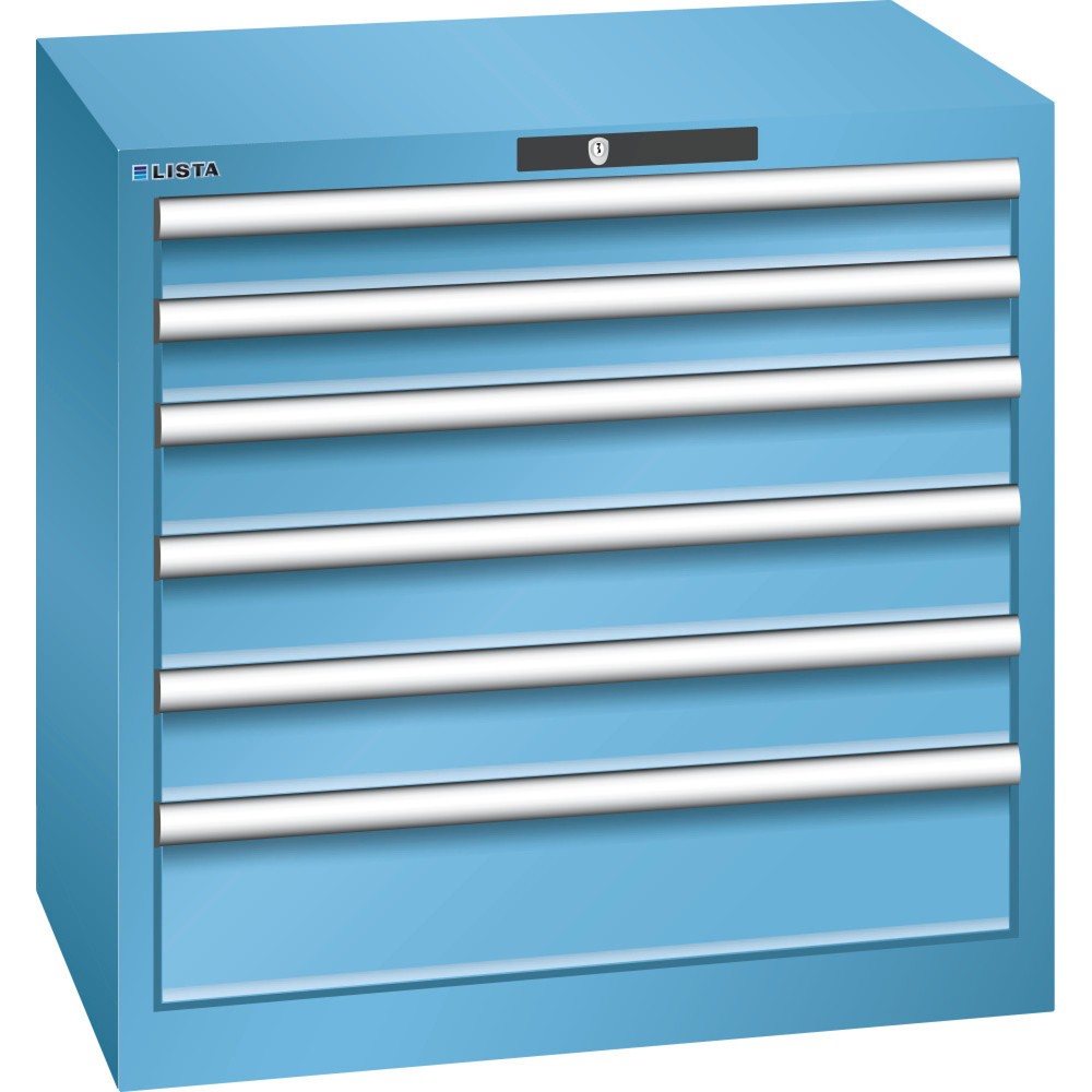 Armoire à tiroirs LISTA 36x27E, (lxPxH) 717x572x700 mm, 6 tiroirs, 2 x 75 / 3 x 100 / 1 x 150, bleu clair, RFID Lock