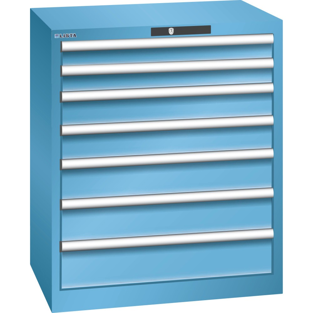 Armoire à tiroirs LISTA 36x27E, (lxPxH) 717x572x850 mm, 7 tiroirs, hauteurs de façade 75-150 mm, bleu clair, KEY Lock