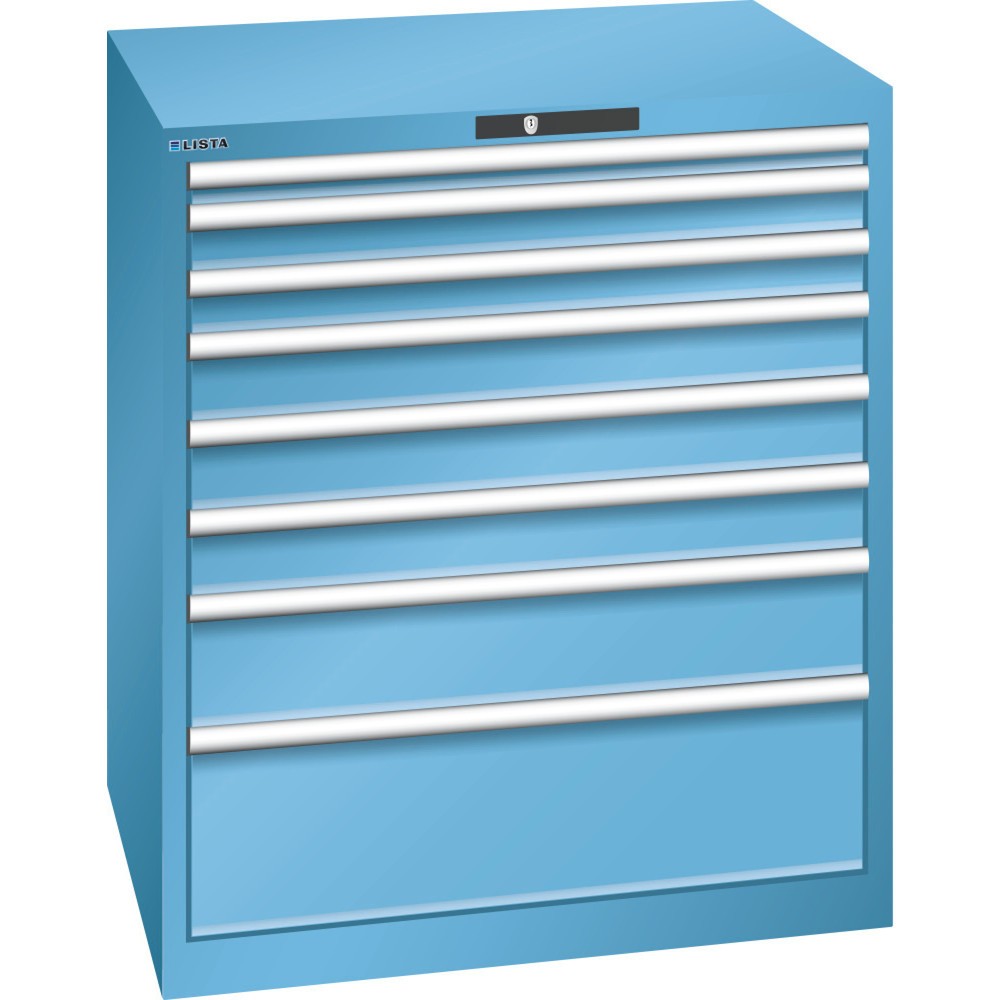 Armoire à tiroirs LISTA 45x36E, (lxPxH) 870x725x1 000 mm, 8 tiroirs, hauteurs de façade 50-250 mm, bleu clair, KEY Lock