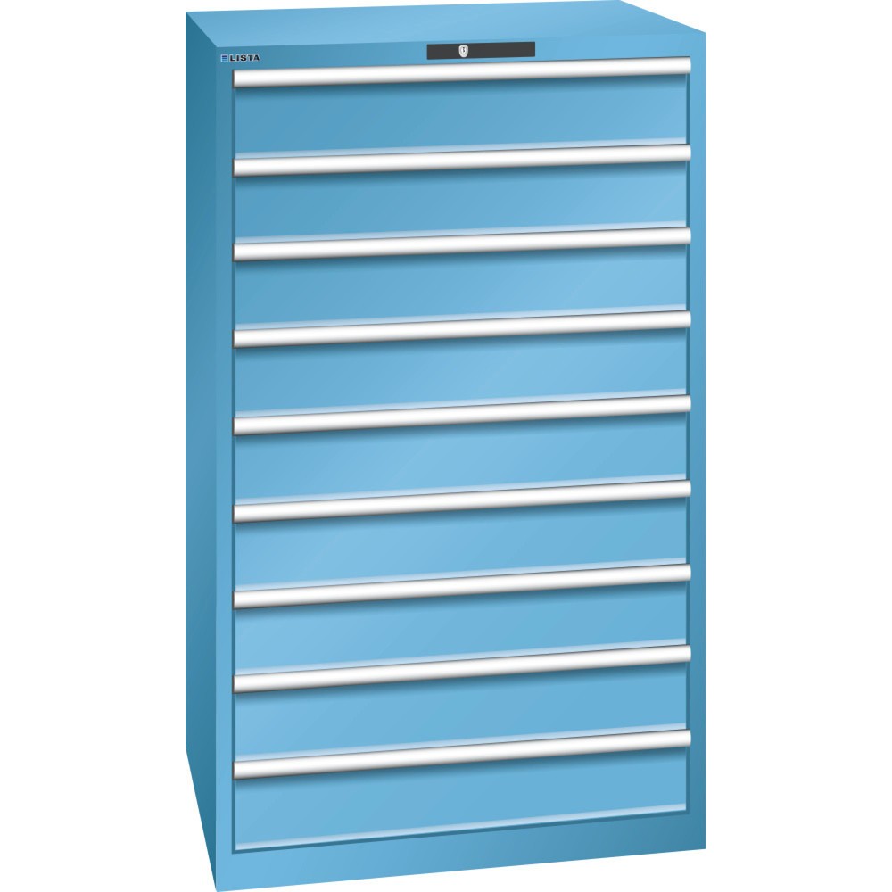 Armoire à tiroirs LISTA 45x36E, (lxPxH) 870x725x1 450 mm, 9 tiroirs capacité de charge 200 kg, 9 x 150, bleu clair, KEY Lock