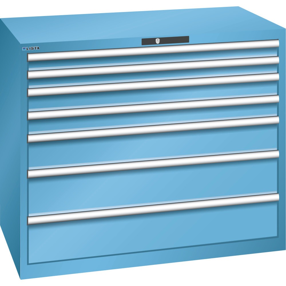 Armoire à tiroirs LISTA 64x36E, (lxPxH) 1 193x725x1 000 mm, 7 tiroirs, hauteurs de façade 75-200 mm, bleu clair, KEY Lock