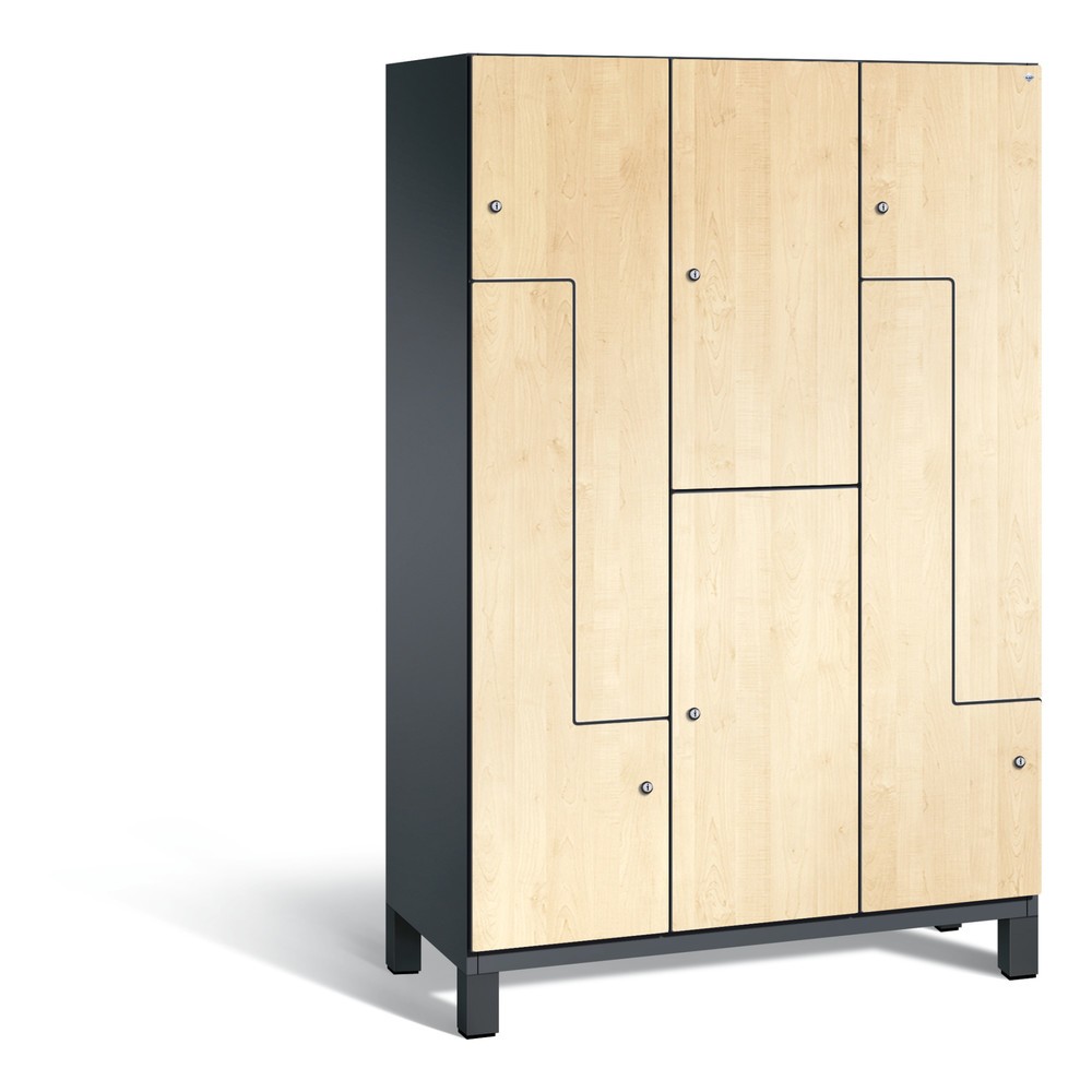 Armoire combinée Z Cambio C+P, 3 compartiments, largeur des compartiments 400 mm, h x l x p 1980x1 200x525 mm, RAL 7021 gris noir, décor érable du Danube, pieds