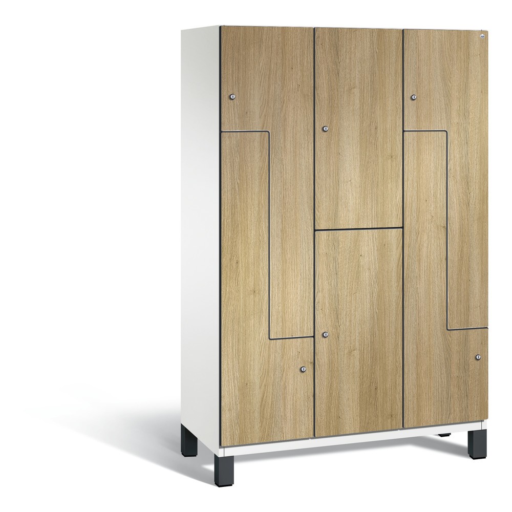 Armoire combinée en Z Cambio C+P, 3 compartiments, largeur des compartiments 400 mm, HxlxP 1 980x1 200x525 mm, RAL 9016 blanc signalisation, décor chêne Sereno, pieds