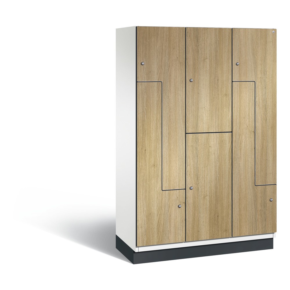 Armoire combinée en Z Cambio C+P, 3 compartiments, largeur des compartiments 400 mm, HxlxP 1 980x1 200x525 mm, RAL 9016 blanc signalisation, décor chêne Sereno, socle