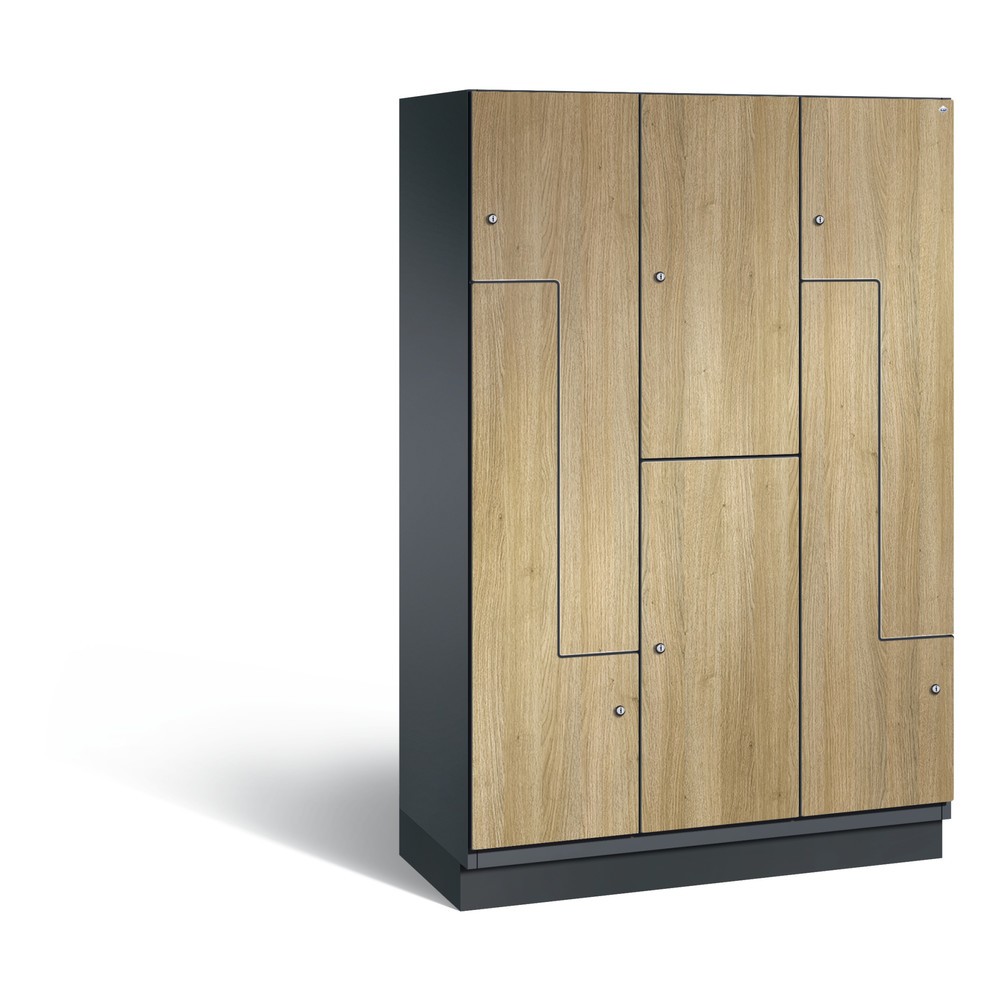 Armoire combinée en Z Cambio C+P, 3 compartiments, largeur des compartiments 400 mm, HxlxP 1 980x1 200x525 mm, RAL 7021 gris noir, décor chêne Sereno, socle