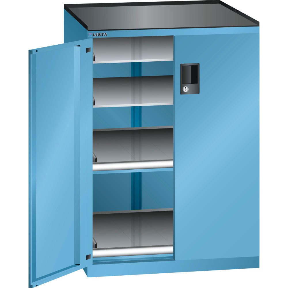 Armoire d'appoint LISTA 36x36E, (lxPxH) 717x753x1 020 mm, 2 étagères coulissantes, 2 étagères réglables, bleu clair, KEY Lock