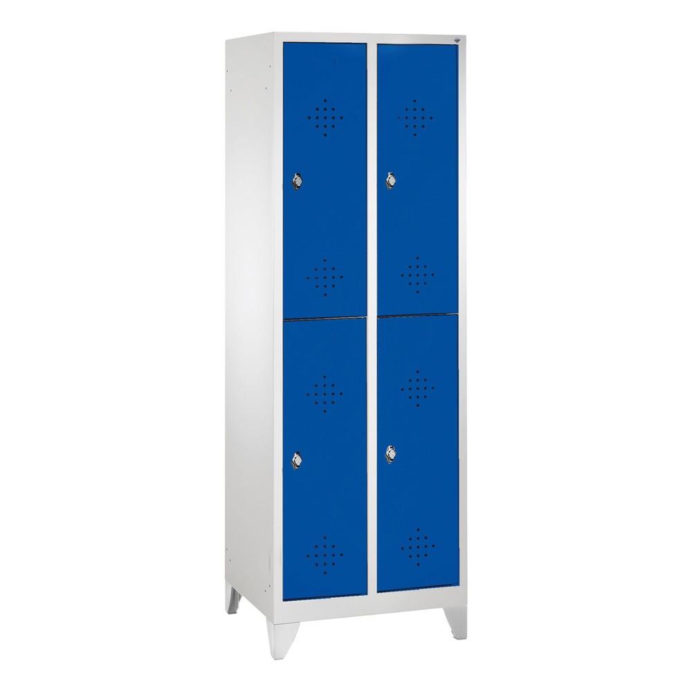 Armoire-penderie C+P Classic à deux niveaux, 2 compartiments, largeur des compartiments 300 mm, avec pieds, HxlxP 1 850x610x500 mm, RAL 7035 gris clair, RAL 5010 bleu gentiane