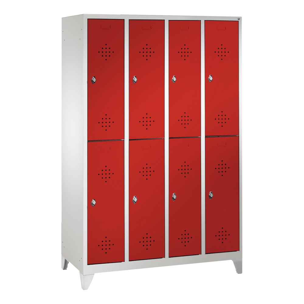 Armoire-penderie C+P Classic à deux niveaux, 4 compartiments, largeur des compartiments 300 mm, avec pieds, HxlxP 1 850x1 190x500 mm, RAL 7035 gris clair, RAL 3003 rouge rubis